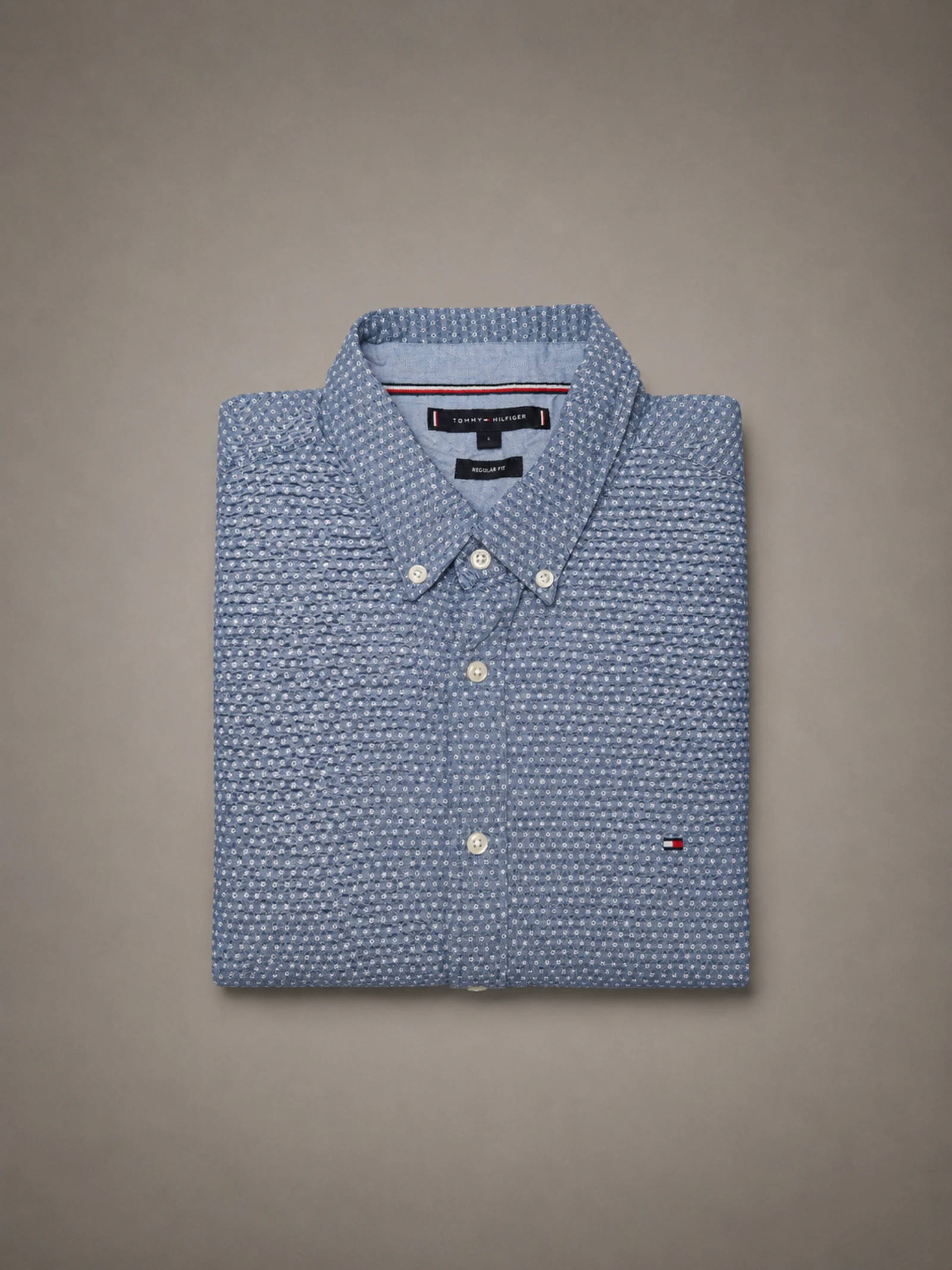 Tommy Hilfiger Chemise Homme L Regular Fit Bleue Motif Géométrique | Preppy Old Money